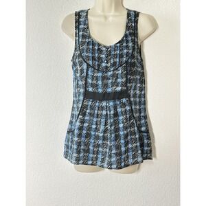 Odille Silk /Cotton Top Size 2 Y2K  Blue Black Pin Tuck Babydoll Coqutte Dainty